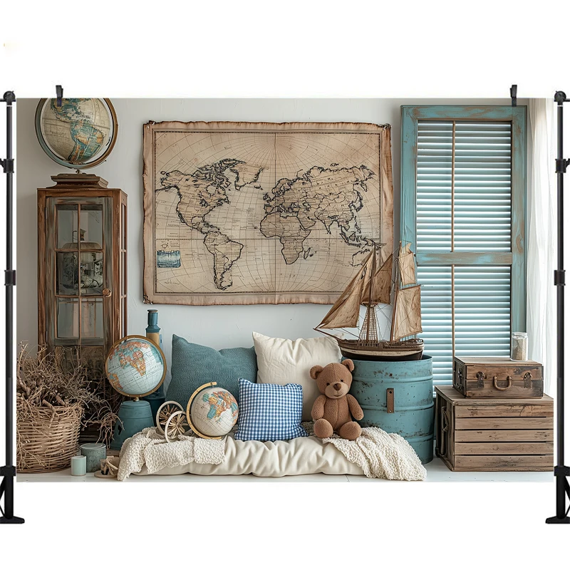 LS Photography Backgrounds Adventure Travel Kids Birthday Cake Smash Photo Backsdrops Bedroom Cute Bear Map Decor Props