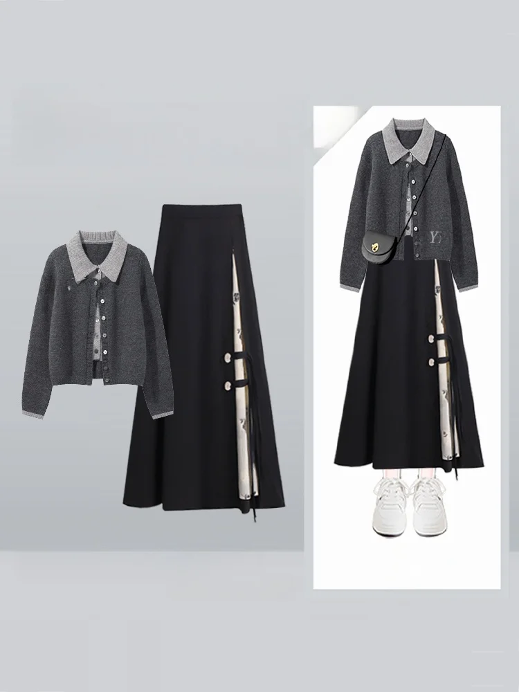 

2026 New Design Neck Knitted Open Cardigan Women's Winter High Waist Asymmetrical Skirt Two-Piece Set Fashion Sensation