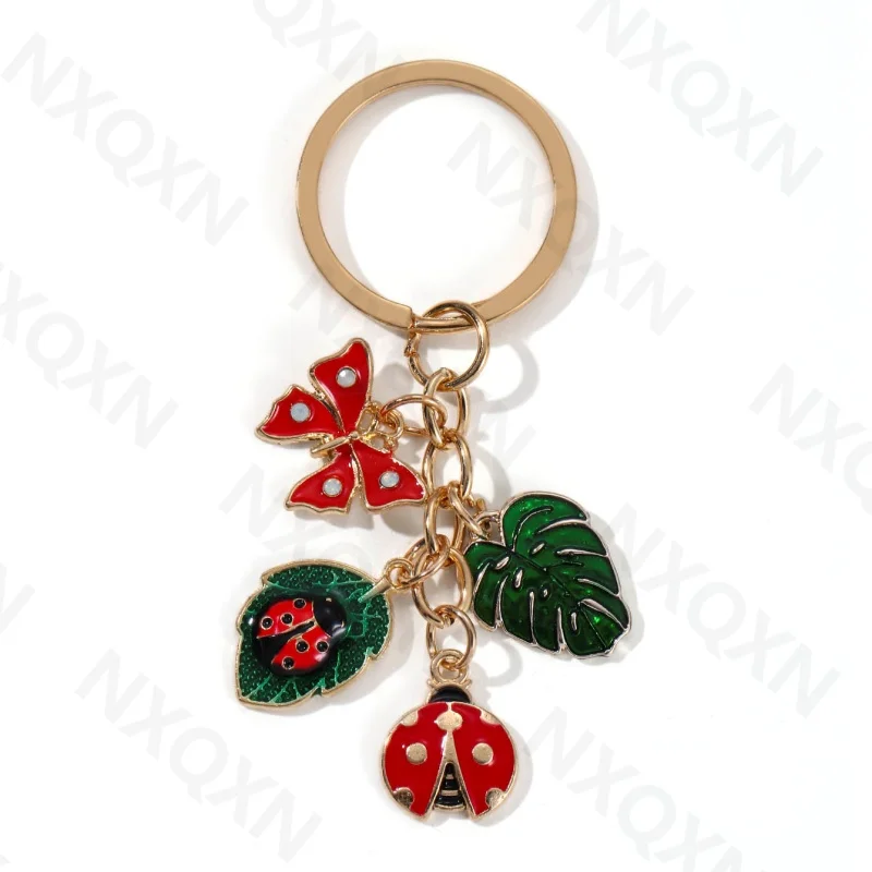 Cartoon Big Leaves Butterfly Ladybug Enamel Keychain Insect Plant Key Ring For Women Men Lovely Gift Handmade Jewelry Set