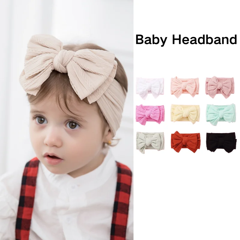Soft Wide Newborn Headbands for Fontanelle Protection,European Jacquard Nylon Baby Headwrap with Double Bow Photographry Props