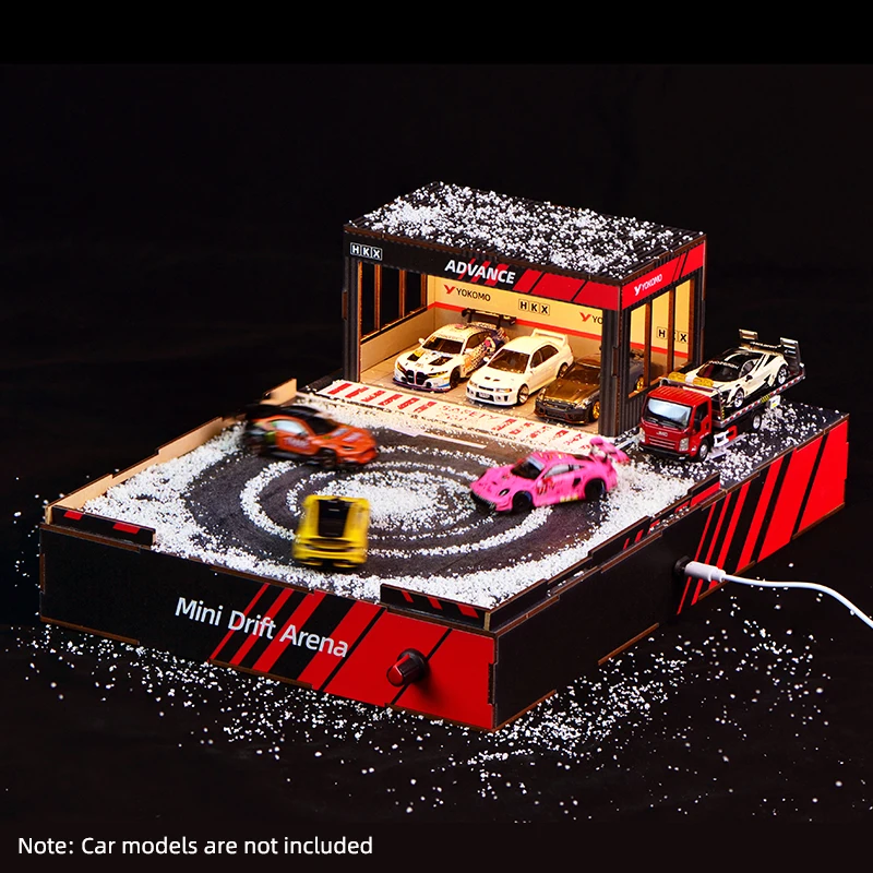 DIY Wooden 1:64 Scale Mini Drift Arena Miniature Model Kits with LED Garage Lights Dollhouse for Friends Birthday Gifts