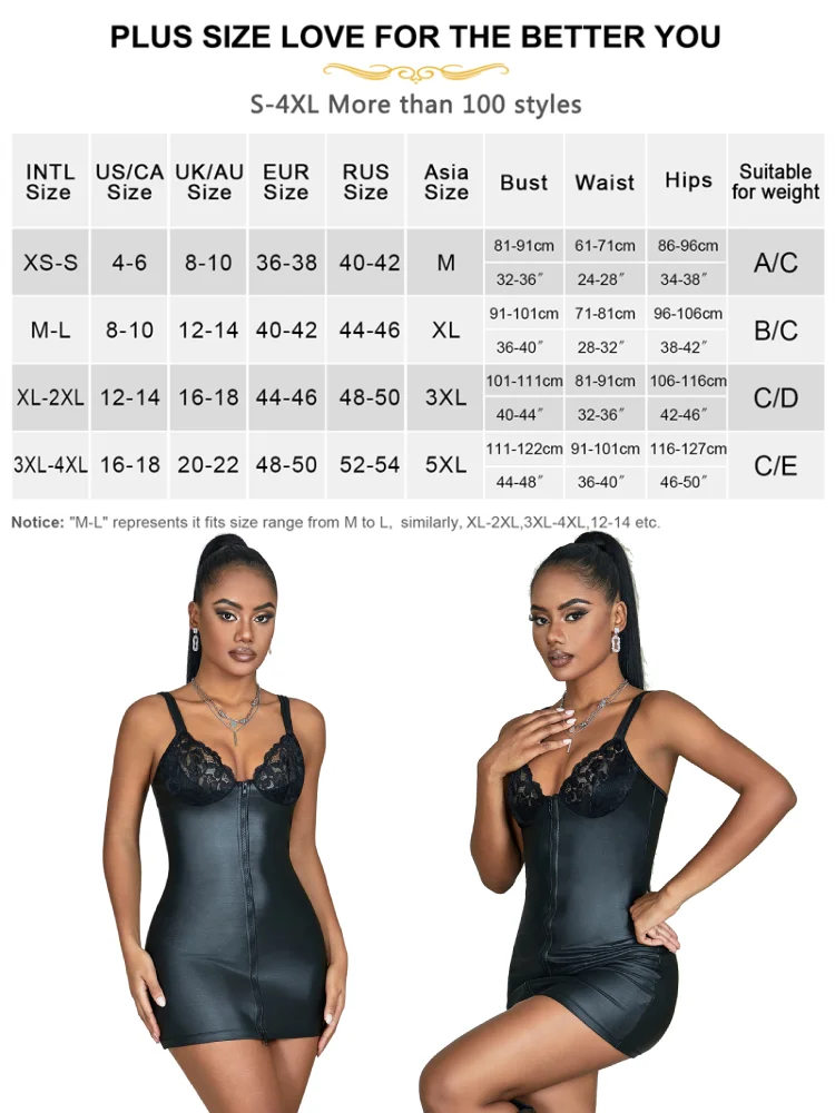 Comeondear Sexy Nightgown Black Leather Fashion Zipper Casual Pajamas Sleepwear Bodycon Plus Size Strap Lace Lingerie Nightdress