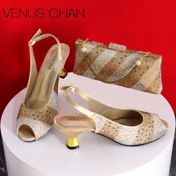 2024 Special Design Peep Toe Shoes Matching Bag Set in Golden Color Comfortable Heels For Women Wedding Party Pump