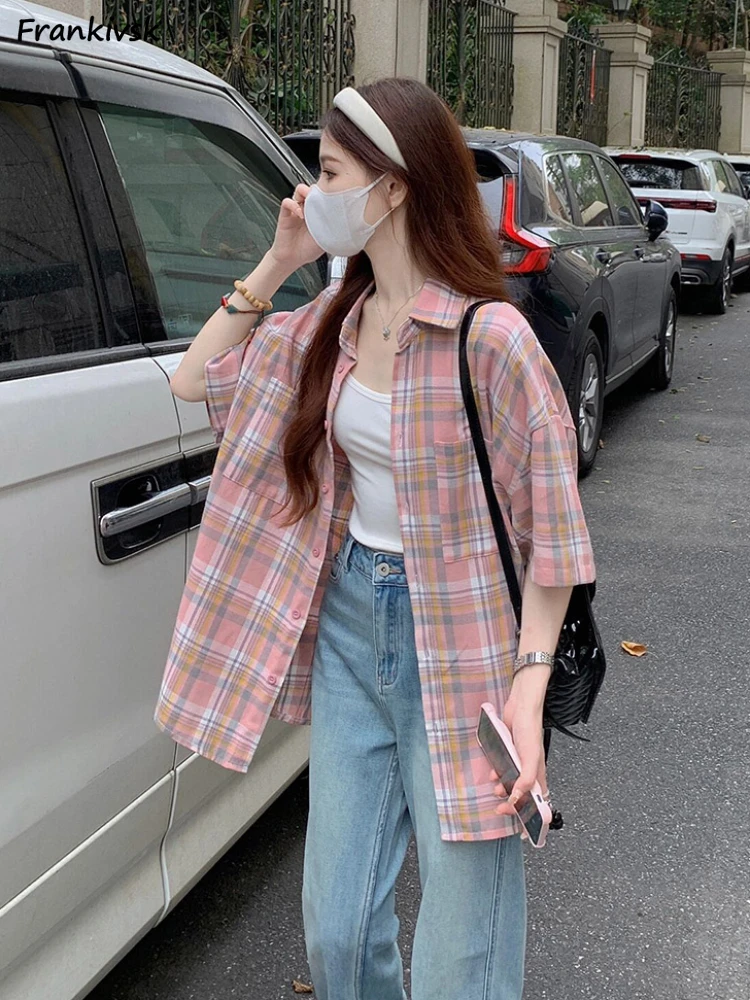 Women Shirts Summer Breathable Sweet Hong Kong Style Plaid Baggy Versatile Contrat Color Chic Personality Leisure Tops Daily