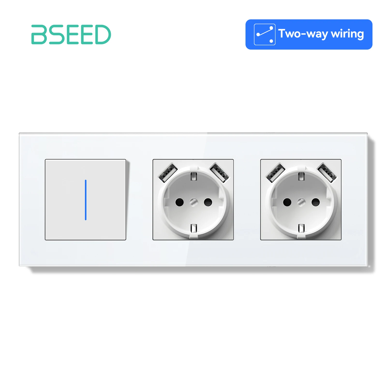 BSEED 1/2 Gang mechanische Lichtschalter 2-Wege-Pass-Through-Schalter mit EU-Buchse USB Typ-C LED-Anzeige Glasrahmen E-Serie 7