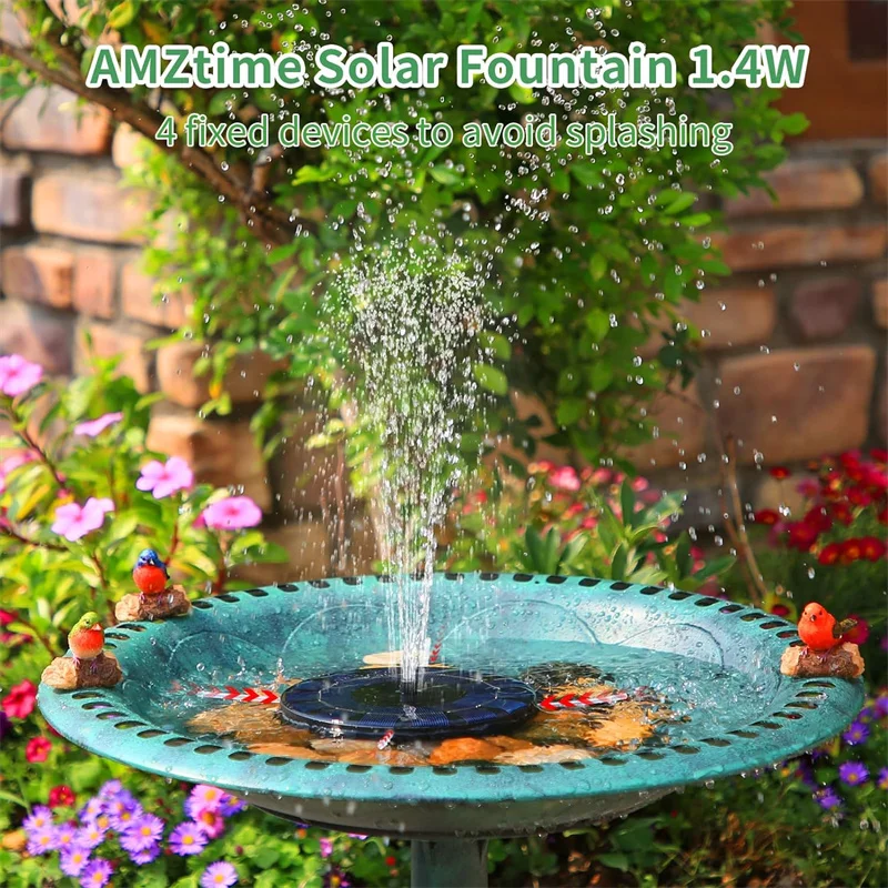 1.4W Solar Birdbath Fountain with 4 Fixed Poles, Solar Floating Water Fountain Pump for Pond Garden Fish Tanks and Outdoors