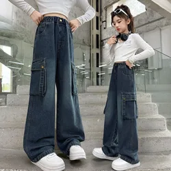 Cargo Jeans for Girls Spring Autumn Loose Casual Elastic Waist Teenage Children Wide Leg Pants Design Streetwear Kids Trousers