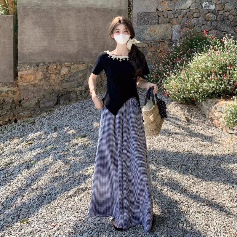 

Комплекты брюк для женщин, футболка из 2 предметов, новый одинаковый эстетичный корейский стиль с рукавами, повседневные элегантные широкие брюки для женщин