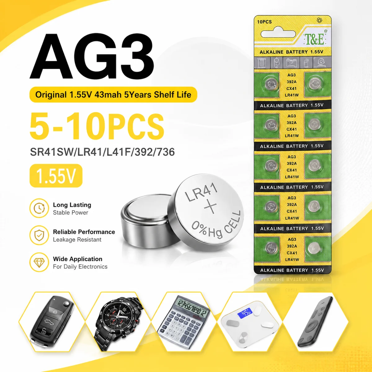 

Alkaline Button Coin Cell Battery AG3 LR41 1.55V 5-10PCS, SR41 392 192 L736 384 SR41SW CX41 For Watch Toys Clock Stable Power