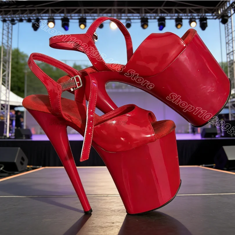 

Red Platform Ankle Buckle Sandals Stiletto Summer Lace up Patent Leather Performance Women Dancing Sandals Zapatos Para Mujere