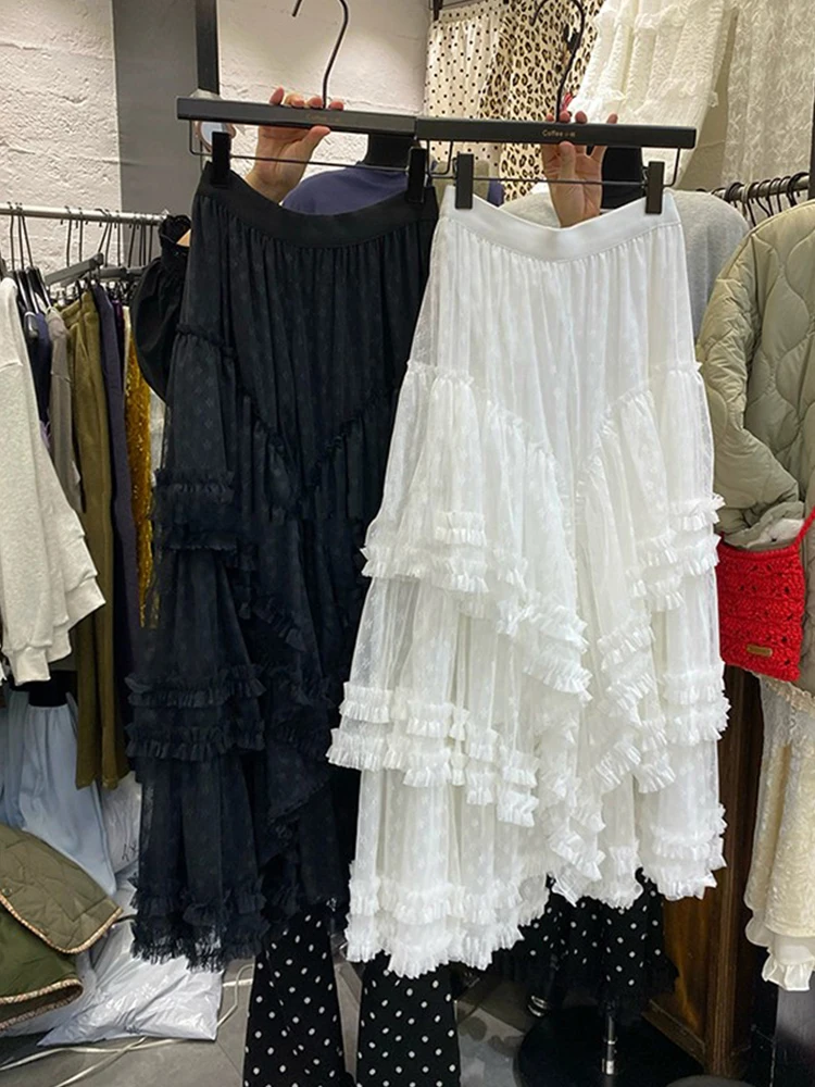White Lace Half Skirt Women's Autumn Winter Layered Hemline Princess Puffy Cake Long Skirt Commute Korean Style mid Waist