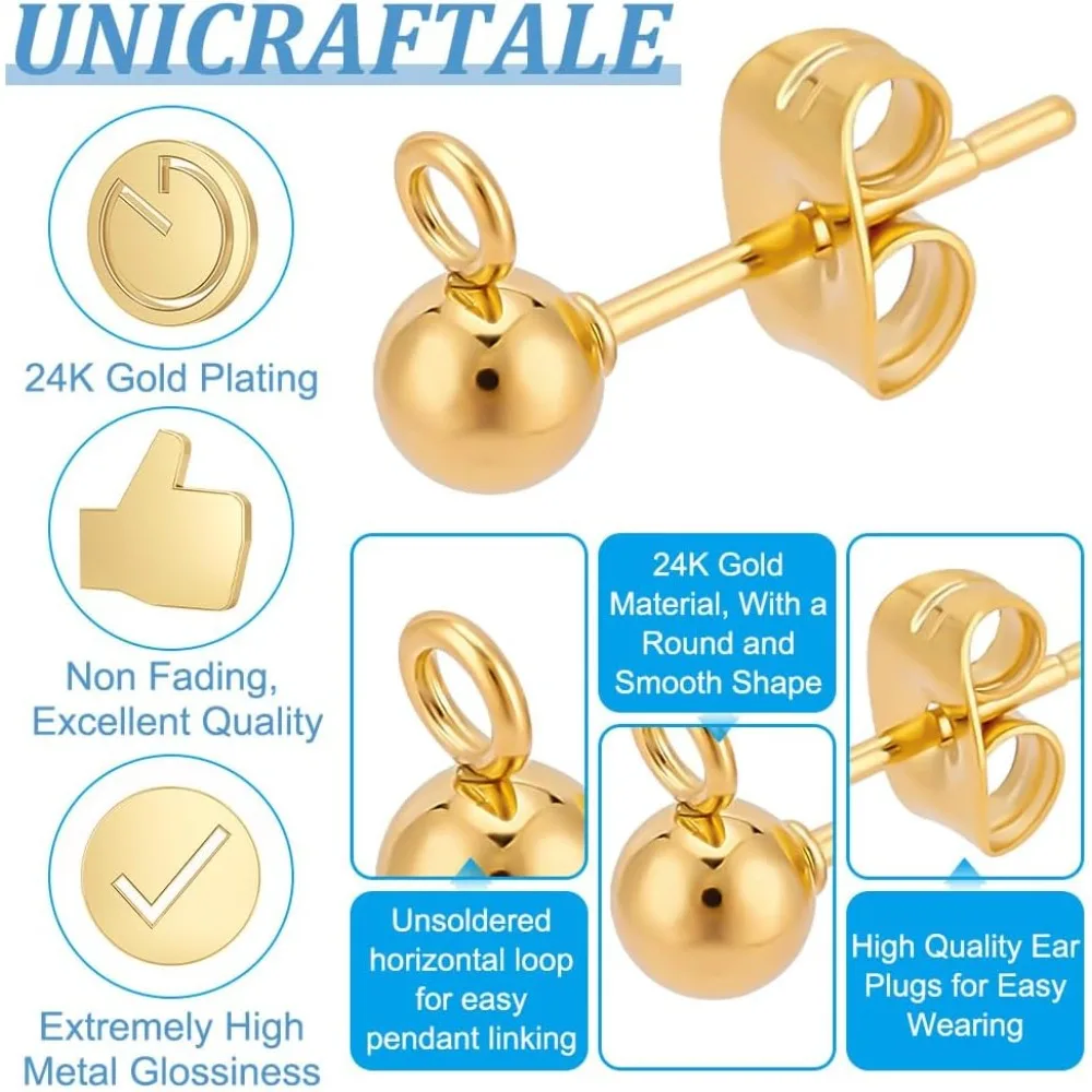 100pcs 24K Gold Plated Ball Post Earrings with Loop Stainless Steel Earring Studs with Ear Nuts Hypoallergenic Earring Findings