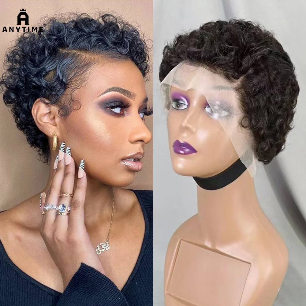 13x4 Lace Frontal Short Pixie Cut Curly Wave  Human Hair Wigs 180% Density 13x4 Lace Front Human Hair Wig for Black Women