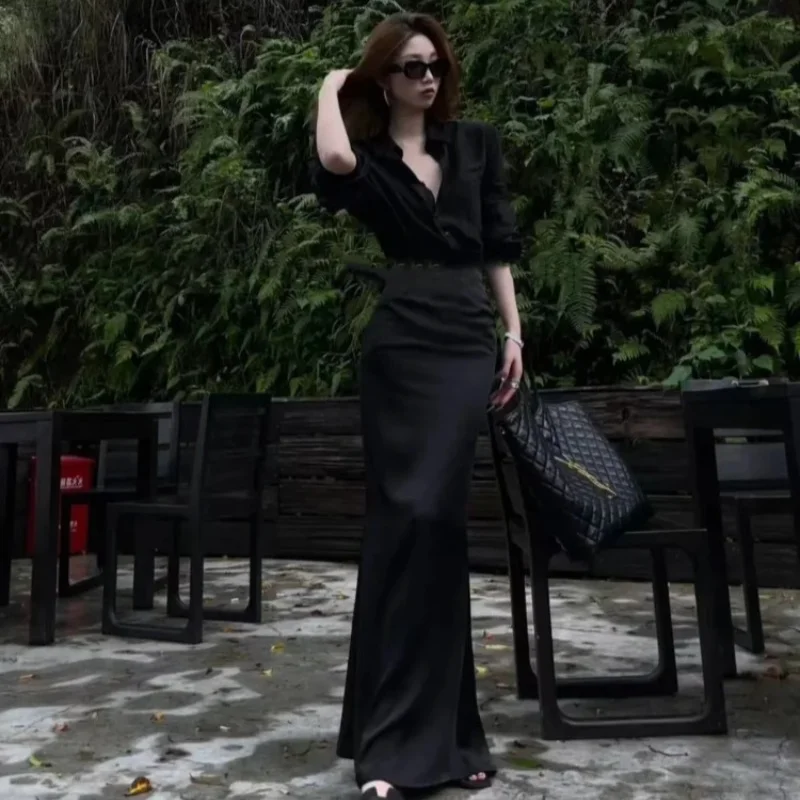 Maxi Mature Slit Female Outfits Short Sleeve Women's Two Piece Set Long Commuting Party Sexy Y2k Streetwear Clothes Vintage Full