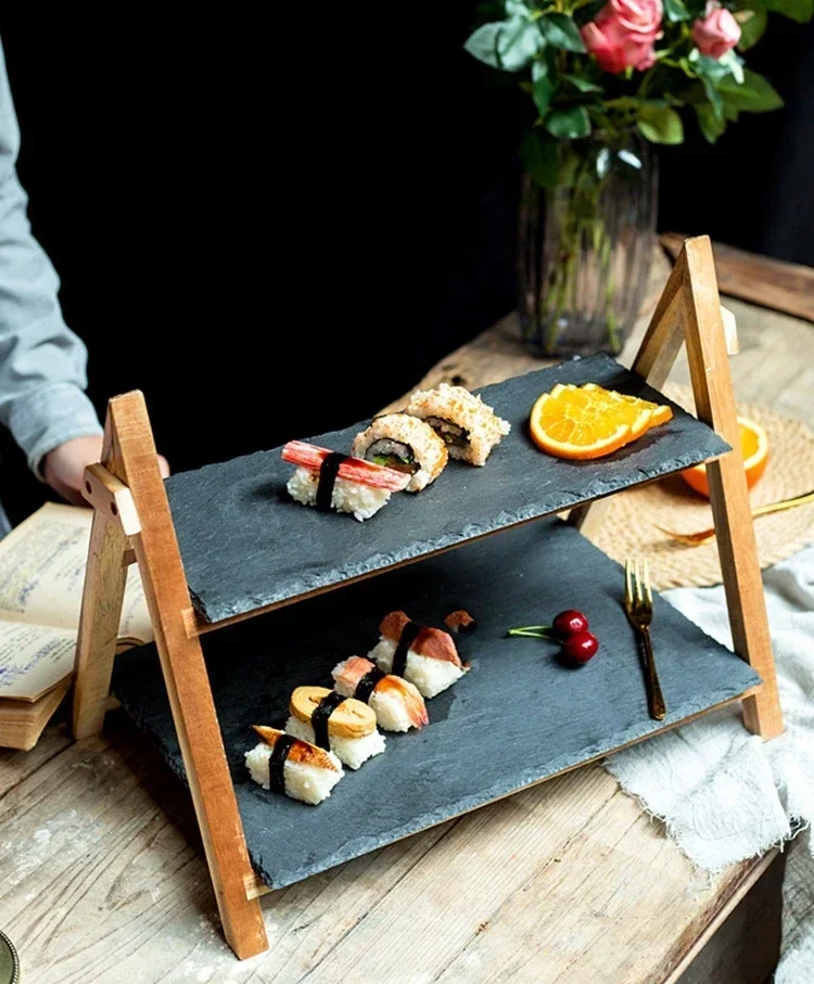 Plateau d'affichage de nourriture de buffet de restaurant d'assiette de sushi d'ardoise noire, support pliant de gâteau en bois