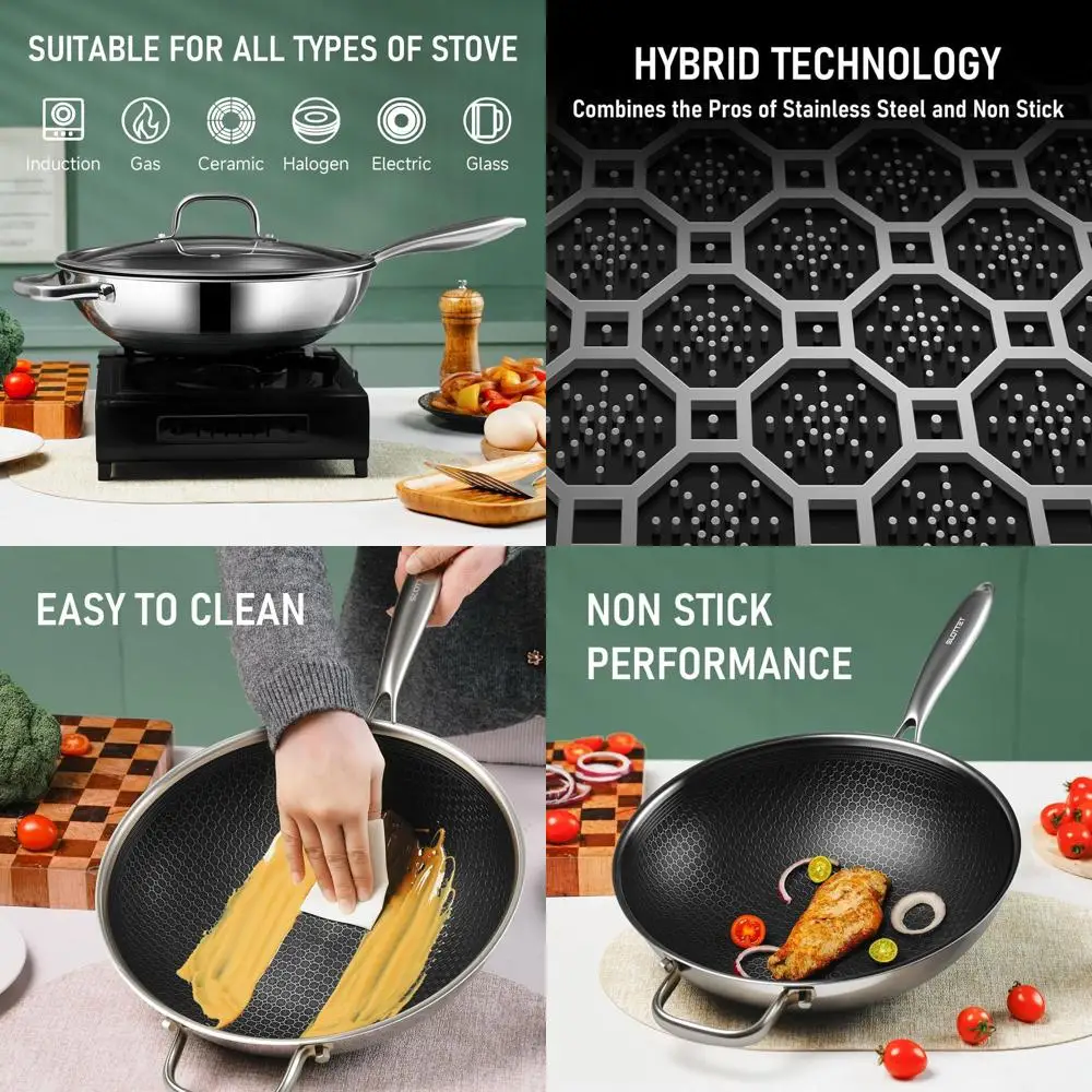 

Гибридный 12-дюймовый вок с пароваркой, антипригарные сковороды-воки и сковороды для жарки с крышкой, ручка, которая не нагревается, посуда для приготовления пищи, можно мыть в посудомоечной машине