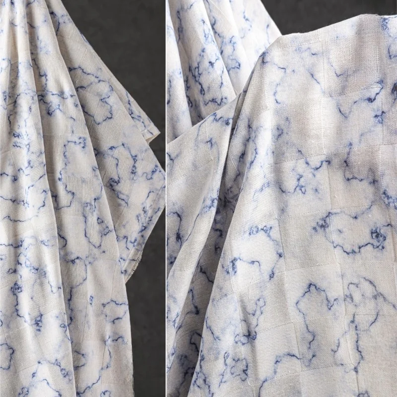 

Blue cotton and linen tie-dyed printed fabric silk ramie half skirt clothing designer fabric