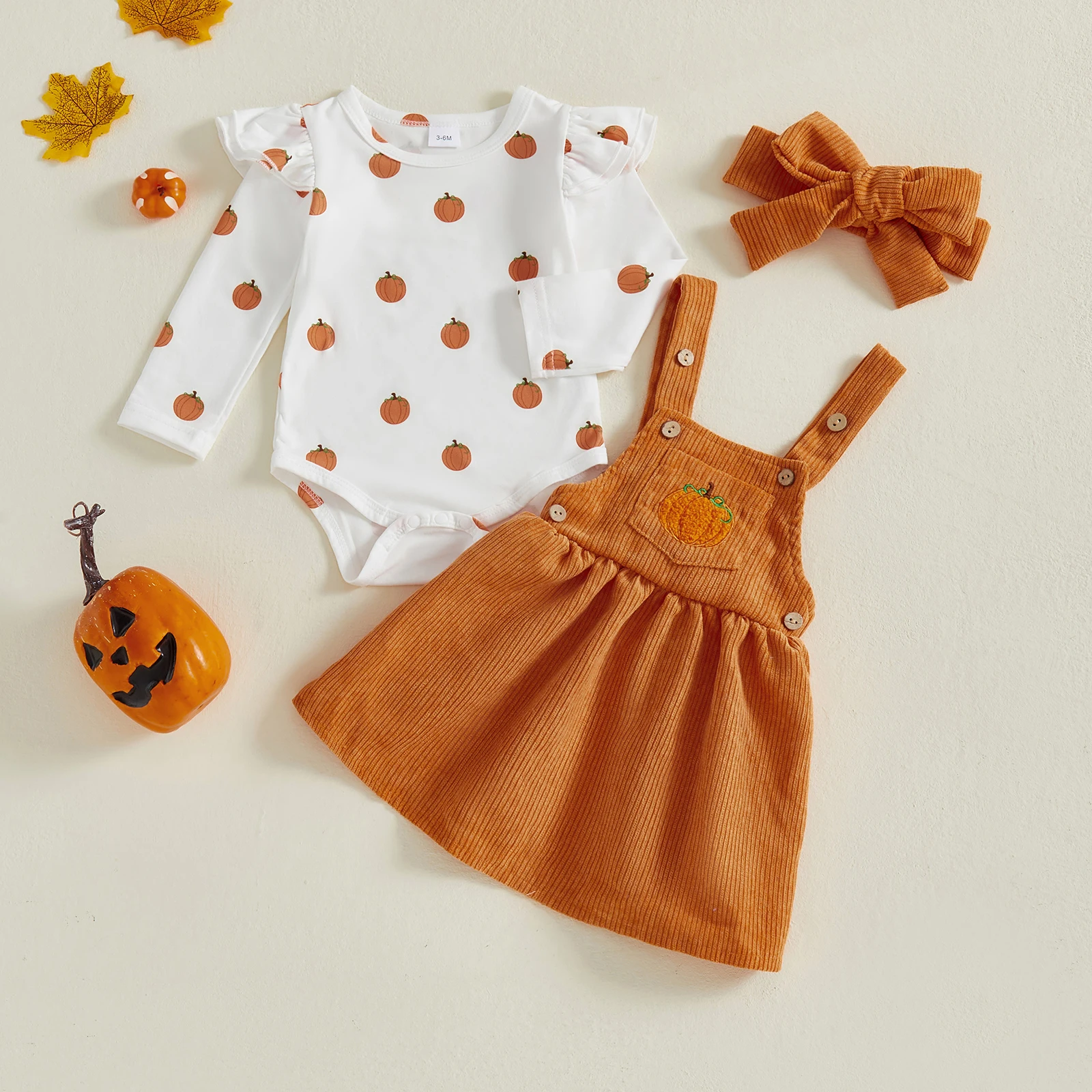 

Наряд на Хэллоуин для маленьких девочек, комбинезон с длинными рукавами и принтом тыквы и платье на подтяжках, комплект с повязкой на голову, милая одежда из трех предметов