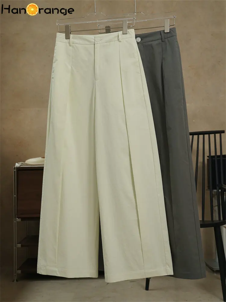 HanOrange 2024 Summer Simple Wide Leg Casual Pants Women High Waist Silhouette Thin Trousers Female White Green/Khaki Gray