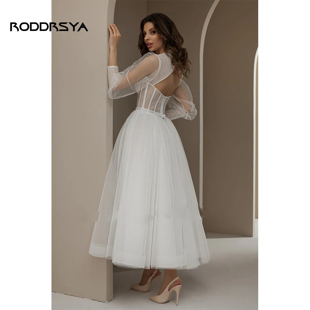 RODDRSYA-vestidos de novia bohemios ostentosos para mujer, vestido de novia corto con escote Corazón, mangas completas, tul, playa, Espalda descubierta, Civil, 2023