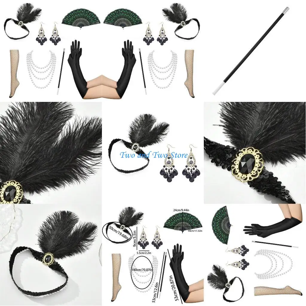 

HX6F Vintage Dress Up 1920s Costume Set Headband and Long Black Long Gloves