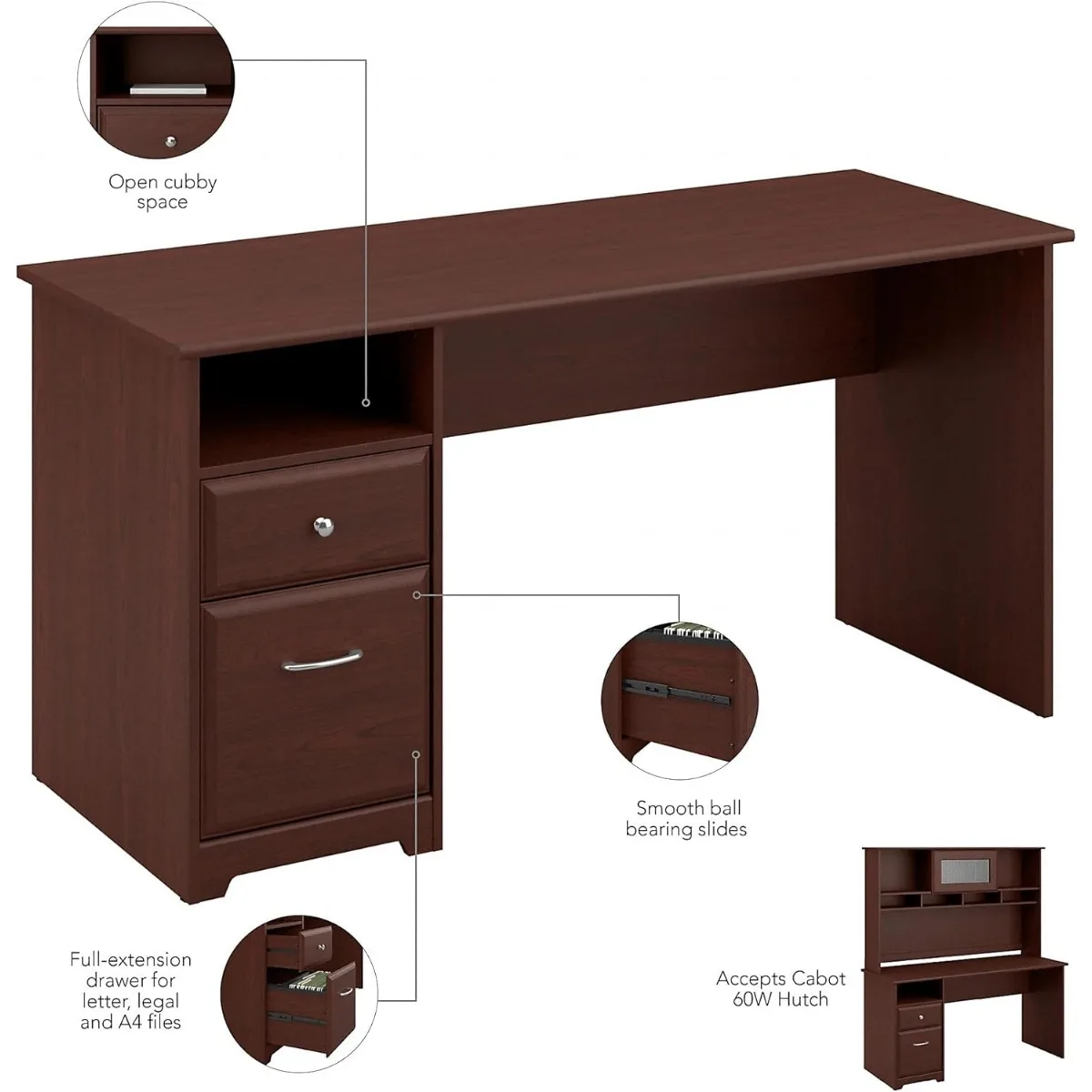 Bush Furniture Cabot 60W Computer Desk with Drawers in Harvest Cherry