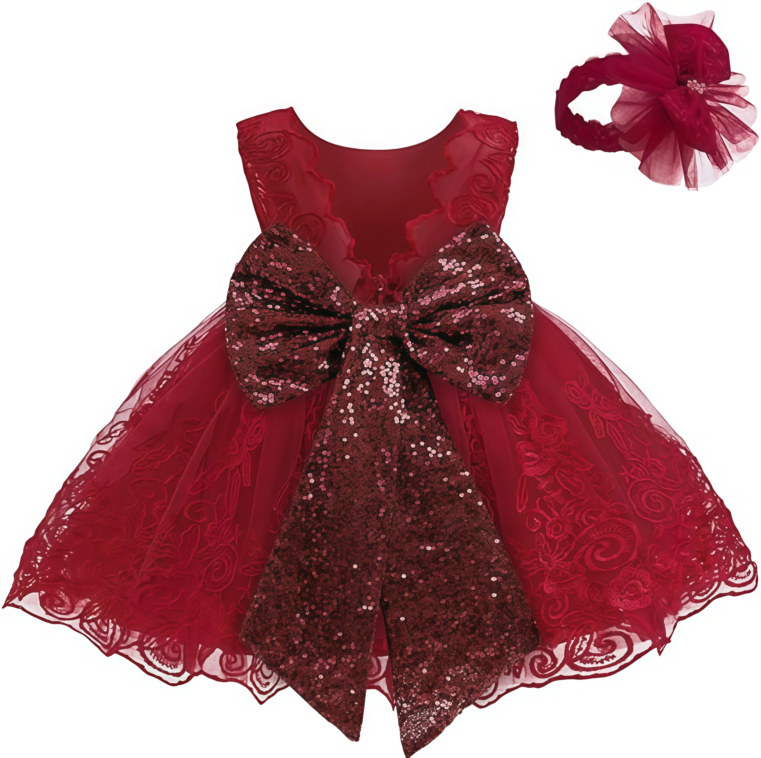 Baby Girls Christmas Gift Red Dresses For Cute Infant Lace Princess Dress With Headwear For Kids Baptism Wedding New Year Gown