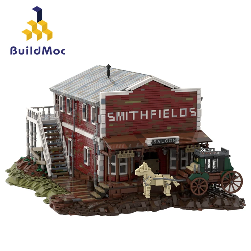 BuildMOC Red and Deads Redemption Valentine Saloon Tavern House Building Blocks Set Ideas Movie Hut Bricks Toys Kids Gifts