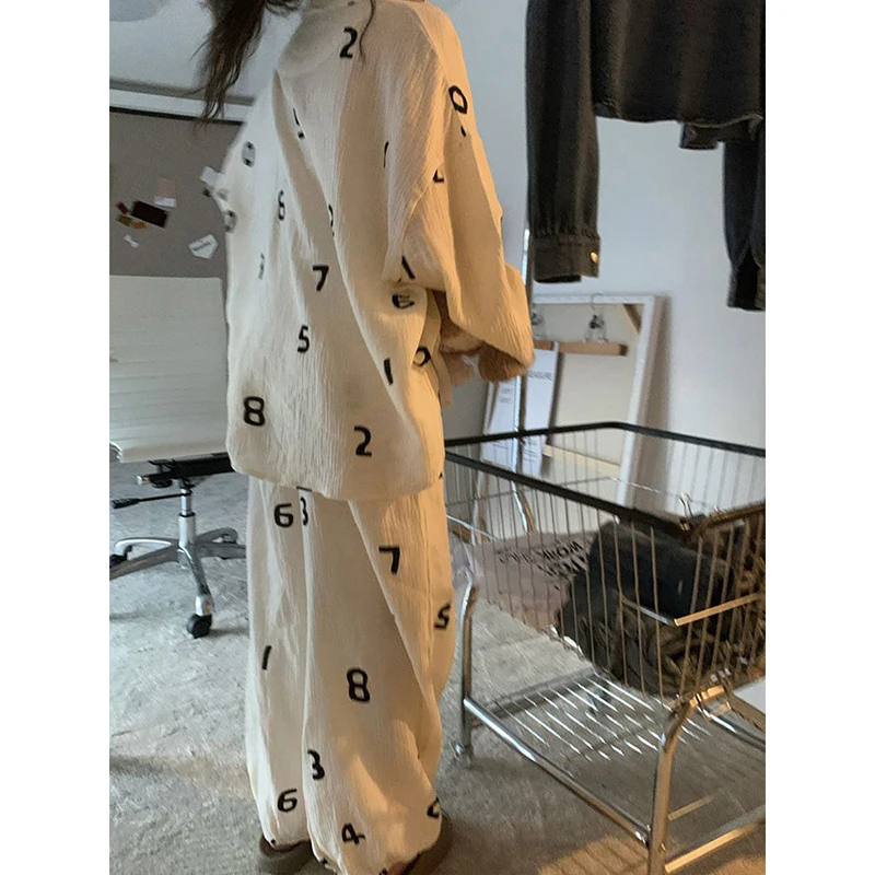 Number Sleepwear Women Pajama Sets Korean Piiama Pocket Night Wears Autumn Pants Sets 2 Pieces Button Long Sleeve Home Suit New