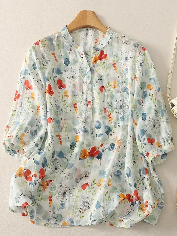 

Retro Floral Print Linen ort Sve irt Women Summer Thin Loose Slimming Casual V-Ne Cotton Linen Top Comfortable Fit