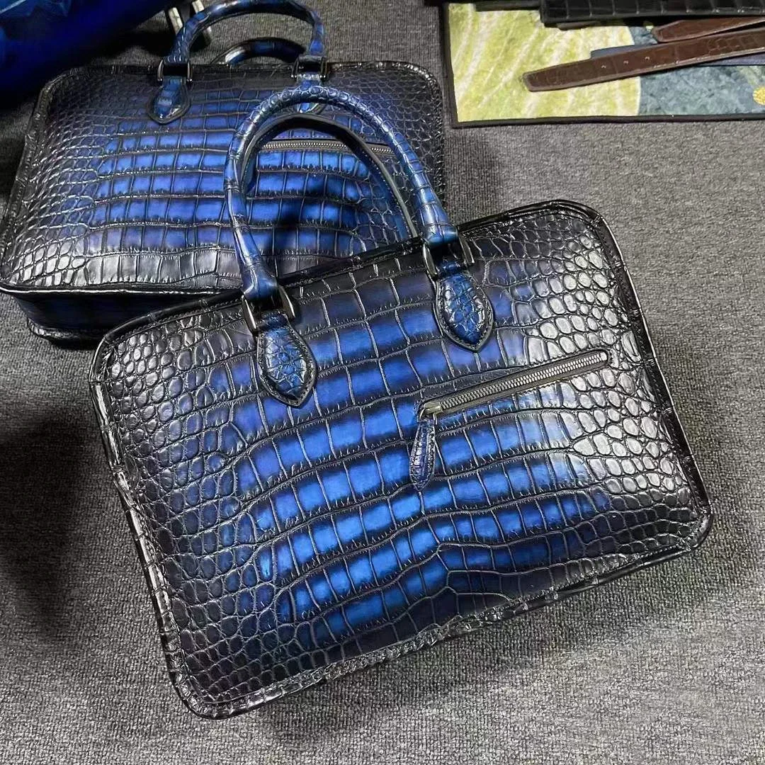 yingshang new  handbag men crocodile leather bag male crocodile briefcase blue brush color navy business bag big