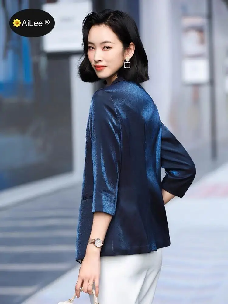 Luxury Satin Silk Blazer Lady 3/4 Sleeve Summer Thin Coat Formal Business Office Work Single Button Jacket Senior Streetwear