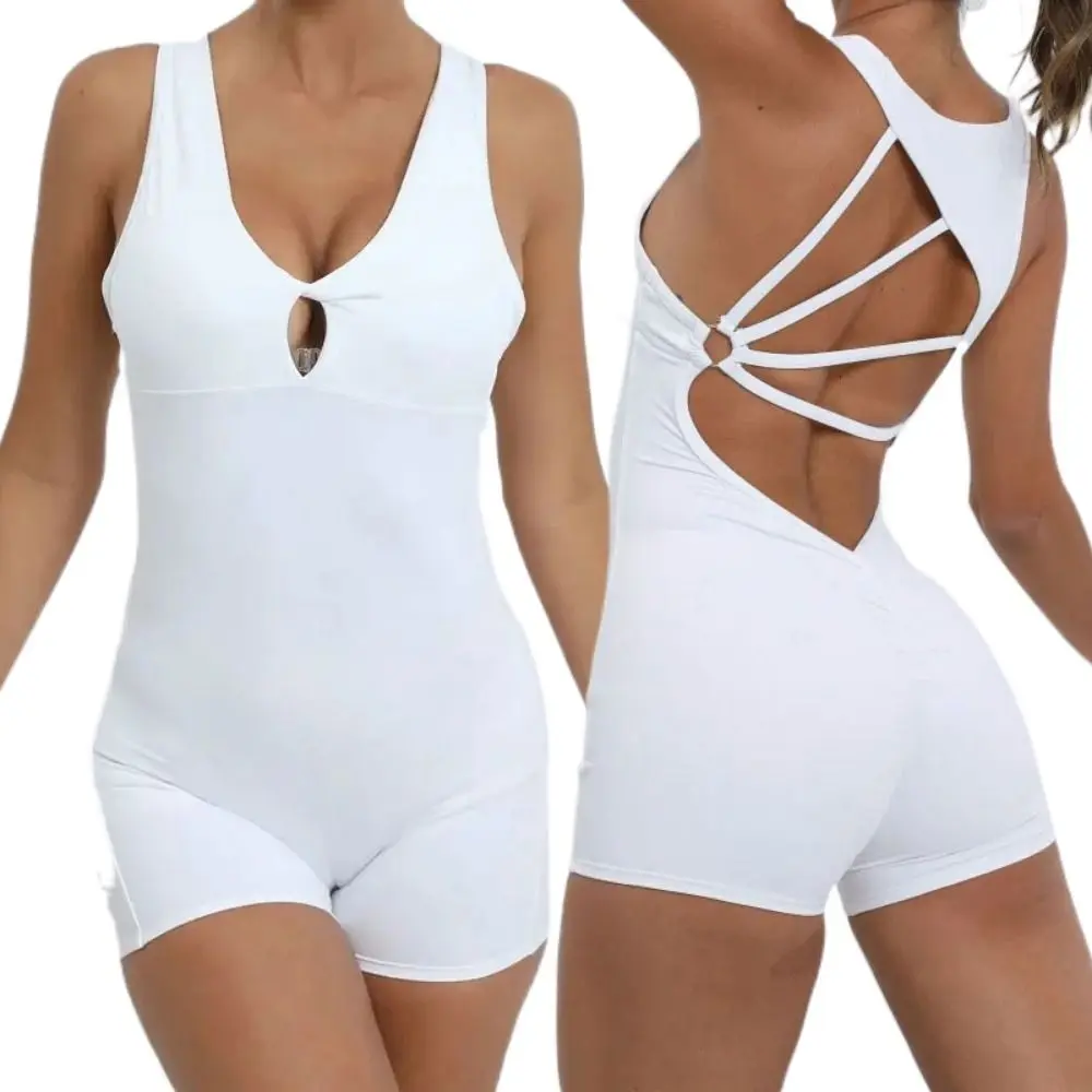 Athletic Slim Fit Women's Yoga Set One-Pieces Deep V Neck Fitness Bodysuit Wide Straps Seamless Yoga Romper Workout