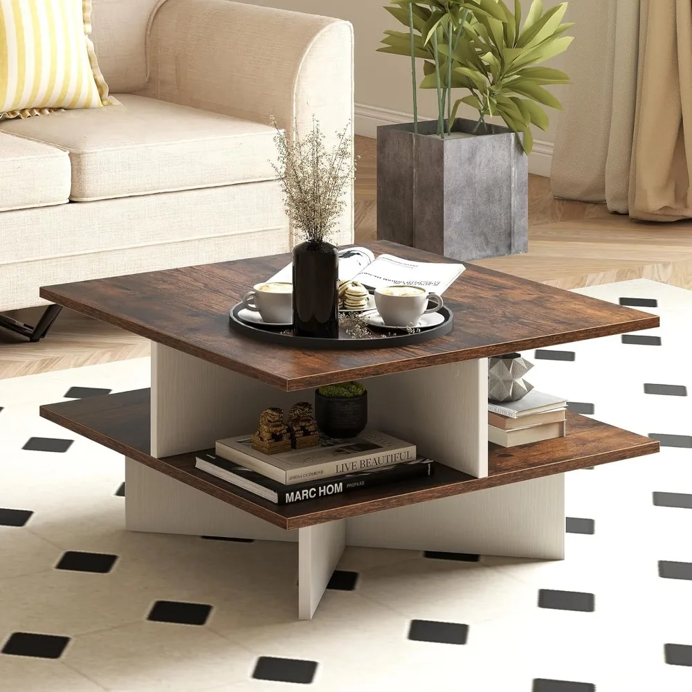 

Farmhouse Coffee Table with Storage, 2-Tier Square Center Table with 4 Storage Compartments & X-Shape Base, Modern, Wood Tea Ta