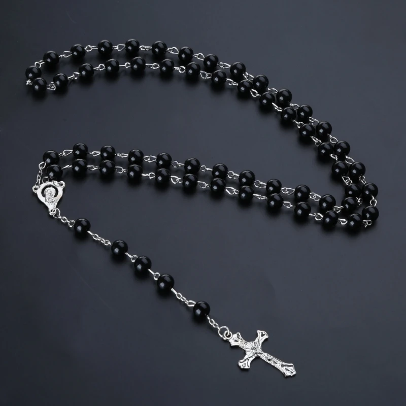 Imitation Pearl Bead Rosary Catholic Necklace for Women Girl Jewelry Jesus