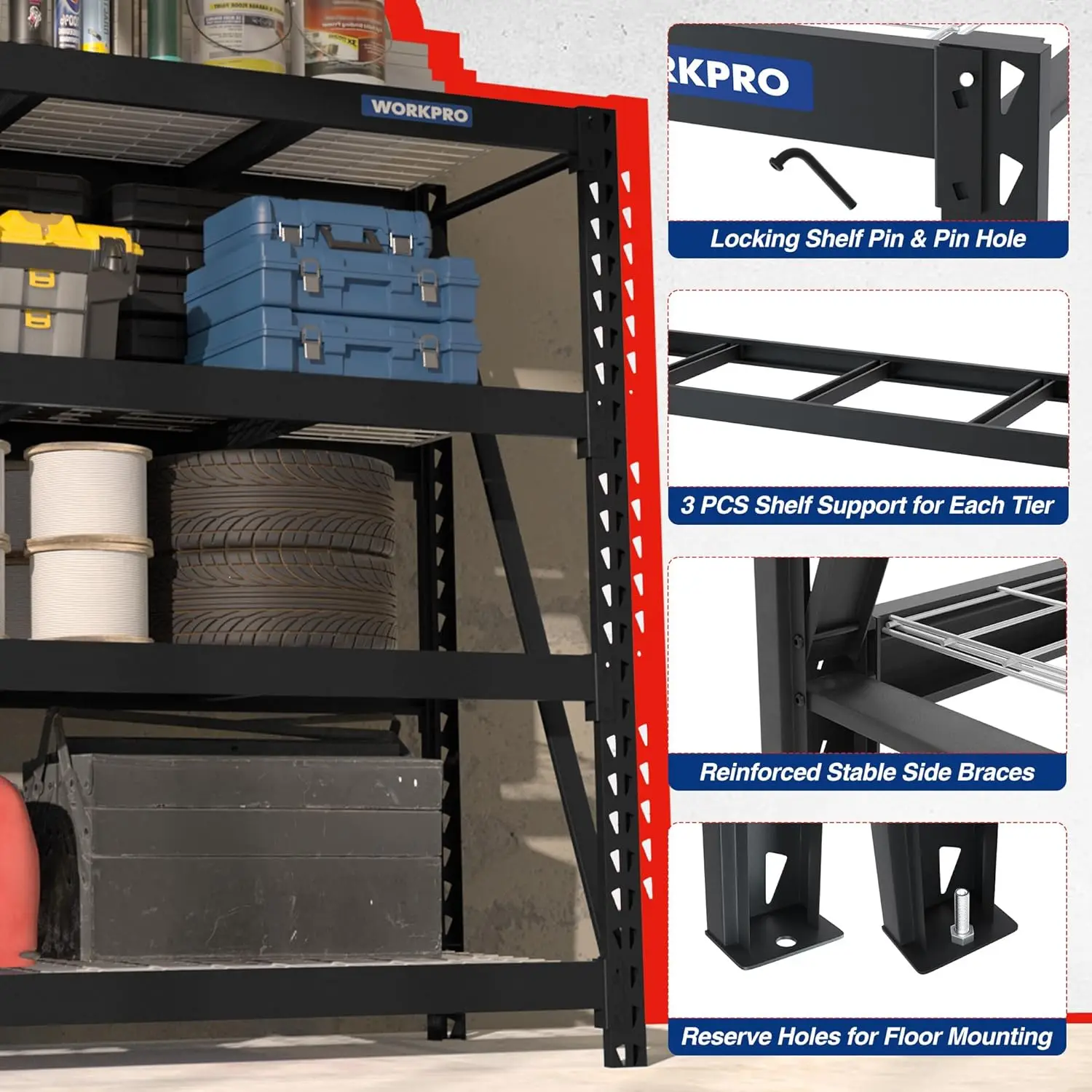 Mise en place d'étagères de garage, charge, mise en place d'étagères métalliques rapDuty pour le stockage, stockage industriel d'étagères