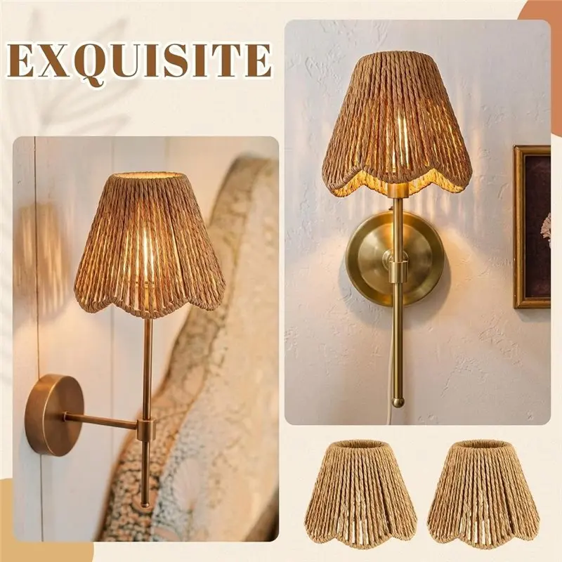 JHD Small Rattan Lampshade Boho Vertical Striped Petal Edge Shade
