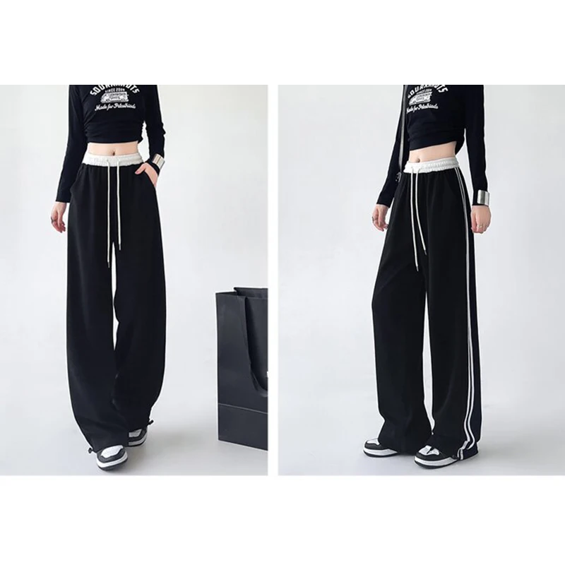 Spring Women Classic Stripe Sweatpants Lady High Waisted Designer Sports Trousers Female Daily Elastic Lace Up Wide Leg Pants