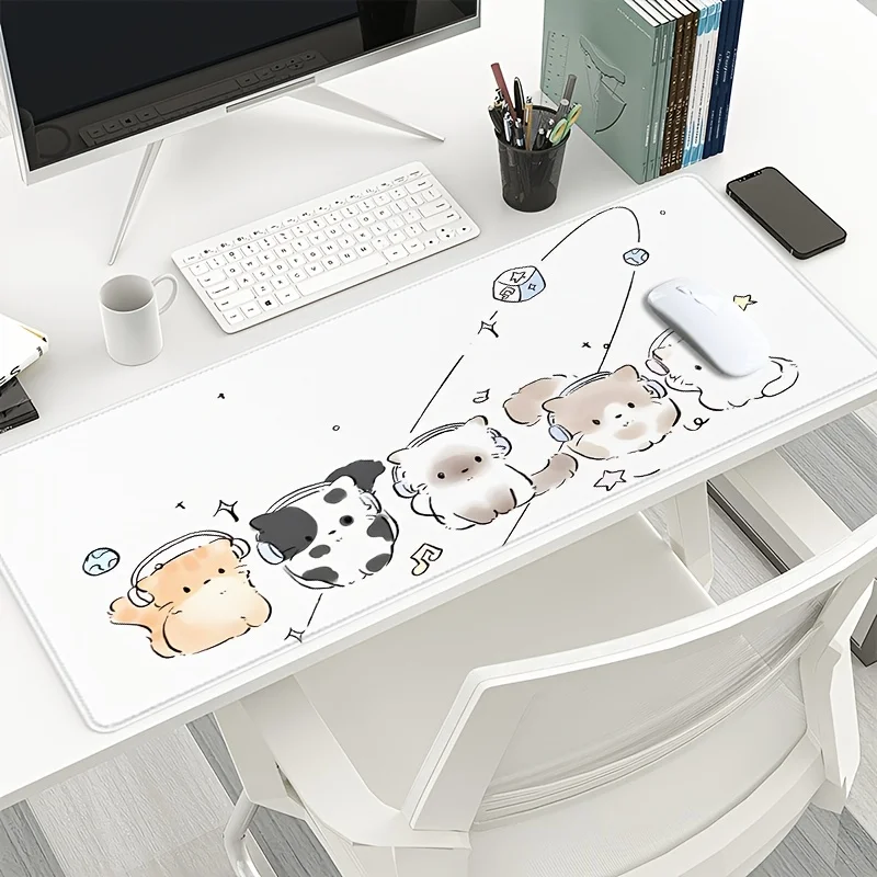 لوحة ماوس مطاطية كبيرة لطيفة على شكل قطة وموسيقى - حصيرة مكتب مريحة غير قابلة للانزلاق مع سماعات رأس وتصميم نجمة، بوليستر متين