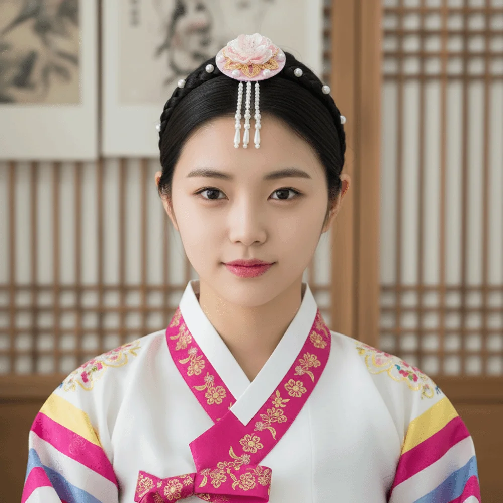 

Sweet Flower Korean Headband Tassels Traditional Hanbok Hairband Pearl Headdress Stage Dance Hair Hoop Wedding