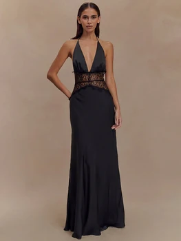 Mozision Summer Backless Sexy Maxi Dress Women Gown Patchwork Lace Halter Deep V Neck Sleeveless High Waist Elegant Long Dress 5