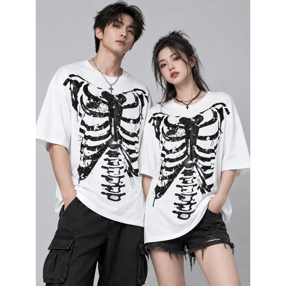 2026 Couple's Halloween Skeleton Rib Pattern T-shirt Y2k Alt Goth Punk Twisted Skull Print Short Sleeve Casual Daily T-shirt