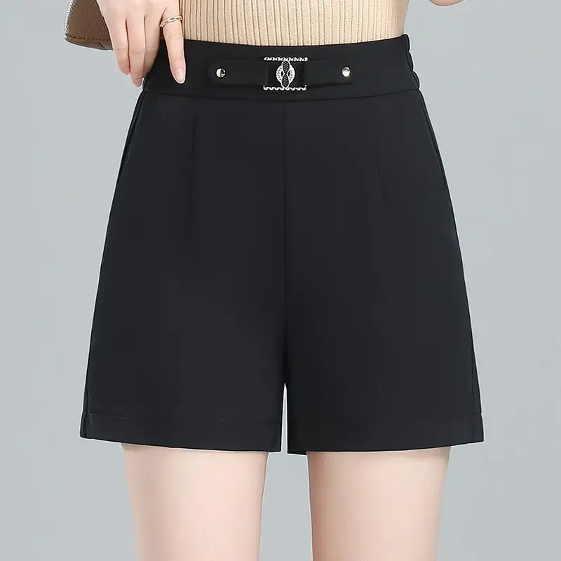 Short en mousseline de soie monochrome pour femme, vêtements d\'été décontractés, simplicité élastique, taille haute, jambe large assortie, mode de