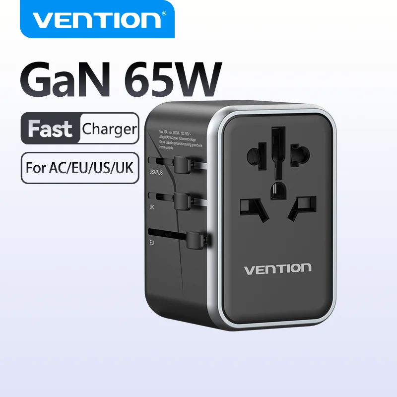 

Vention 65W PD Universal Travel Adapter All in One Worldwide Travel Adapter Wall Charger AC Power Plug Adapter for USA EU AUS UK