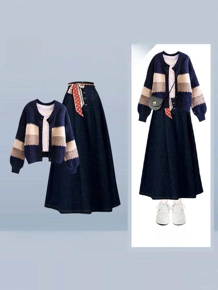 

Fall Korean Sle Striped Color Blo Sweater Coat Women High Waist Denim Skirt Set Casual Faion Outerwear Innerwear