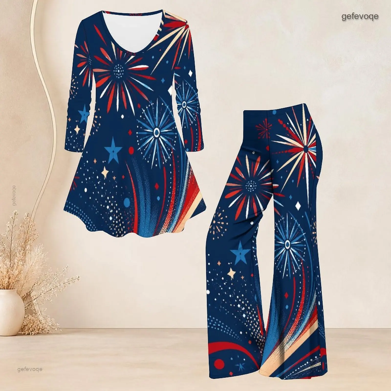 Women Printed Pants Set Round Neck Three Quarter Sleeve Flared Top Flared Pants Two Piece
