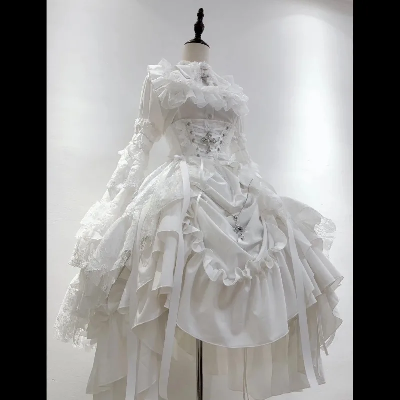 2026 New Japanese Korean Gothic Sleeves High Waist Shirt Slim Fit Pleated Long Skirt Women Lace Bow Lolita Y2k Skirt 3 Piece Set image 4