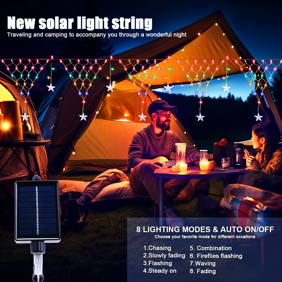 سلسلة إضاءة شمسية مزينة لعيد الميلاد ، نجمة خماسية ليد ، شريط ثلج ، مصابيح ستائر ، مقاومة للماء ، خارجية ، حديقة ، إيف ، 8 أوضاع