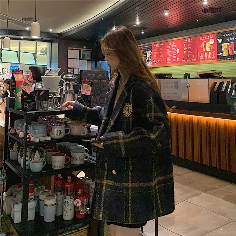 패션 여성 정장 프레피 스타일 오버사이즈 체크무늬 수트 울 코트 루즈핏 롱 여성 오버코트 캐주얼 여성 핫 여성 재킷