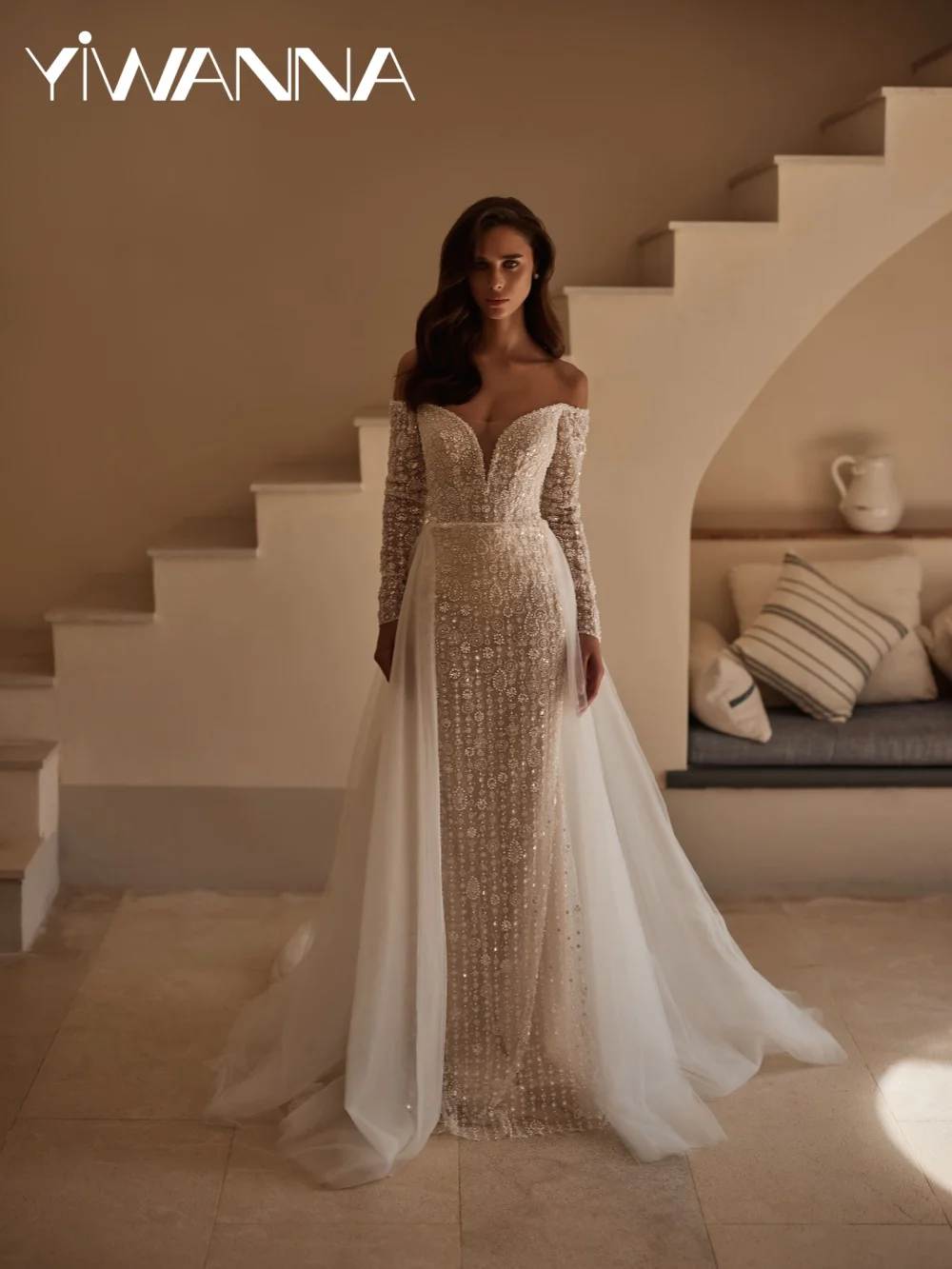 

Luxurious Dazzling Beaded Wedding Dress Detachable Train Off Shoulder Bridal Gown Customized Dreamy V-neck Dresses For Bride